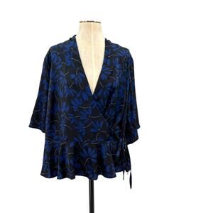 11 Honore Essie Wrap Blouse Top Satin Floral Print Black Blue Size US 18